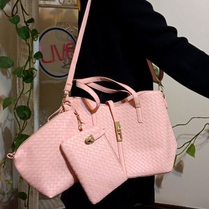 NWOT 3 Pc. Weaved Shoulder Bag Set w Sm Insert Bag & Locke Wristlet Pale Pink